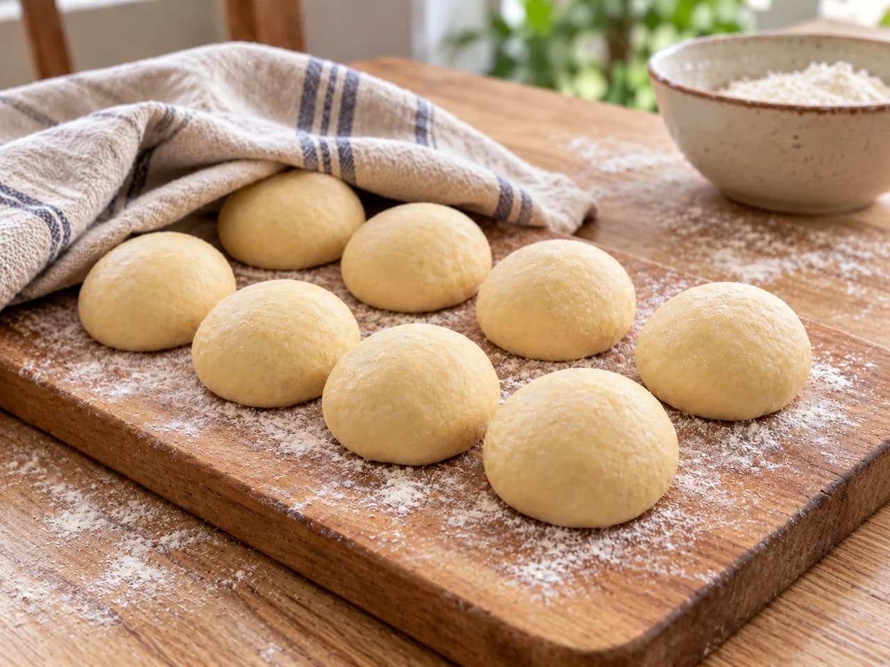 Varias bolitas de masa lisa del mismo tamaño sobre una tabla enharinada, cubiertas en parte con un paño de lino.