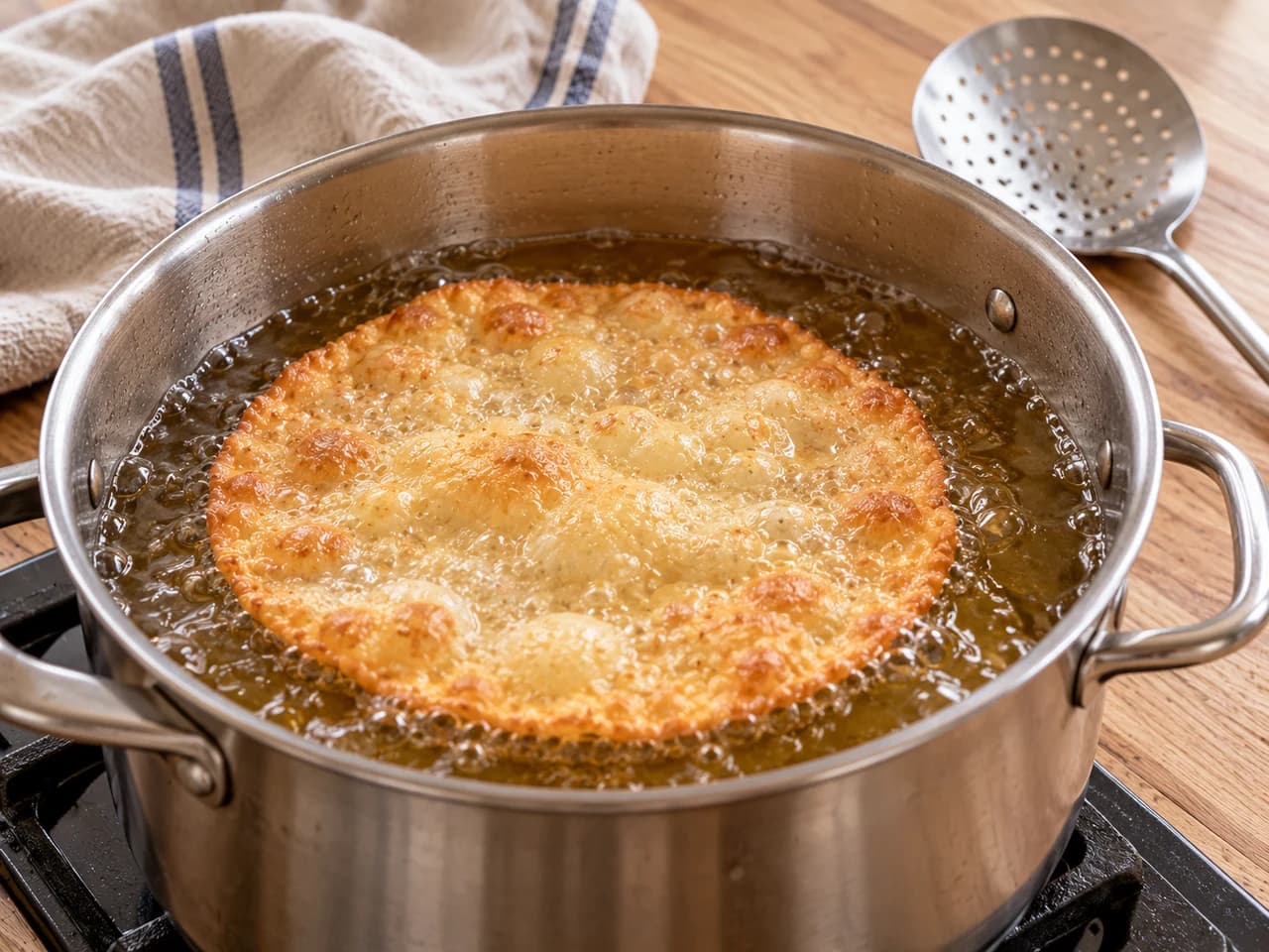 Disco de masa fina con burbujas dorándose en una olla honda con aceite caliente, y una espumadera al lado.