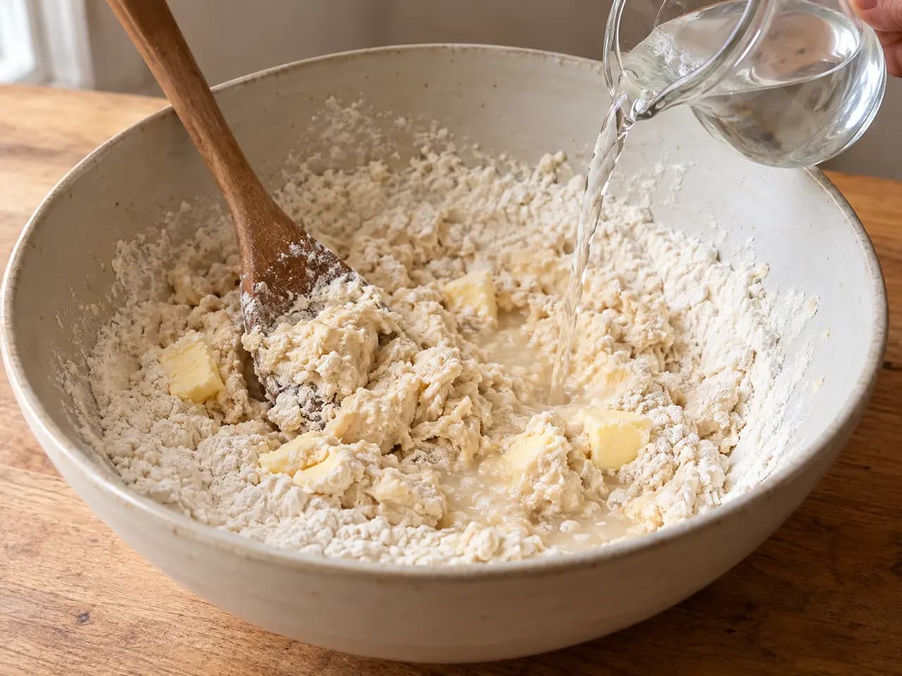 小麦粉とバターに水を注いで生の生地を作る様子