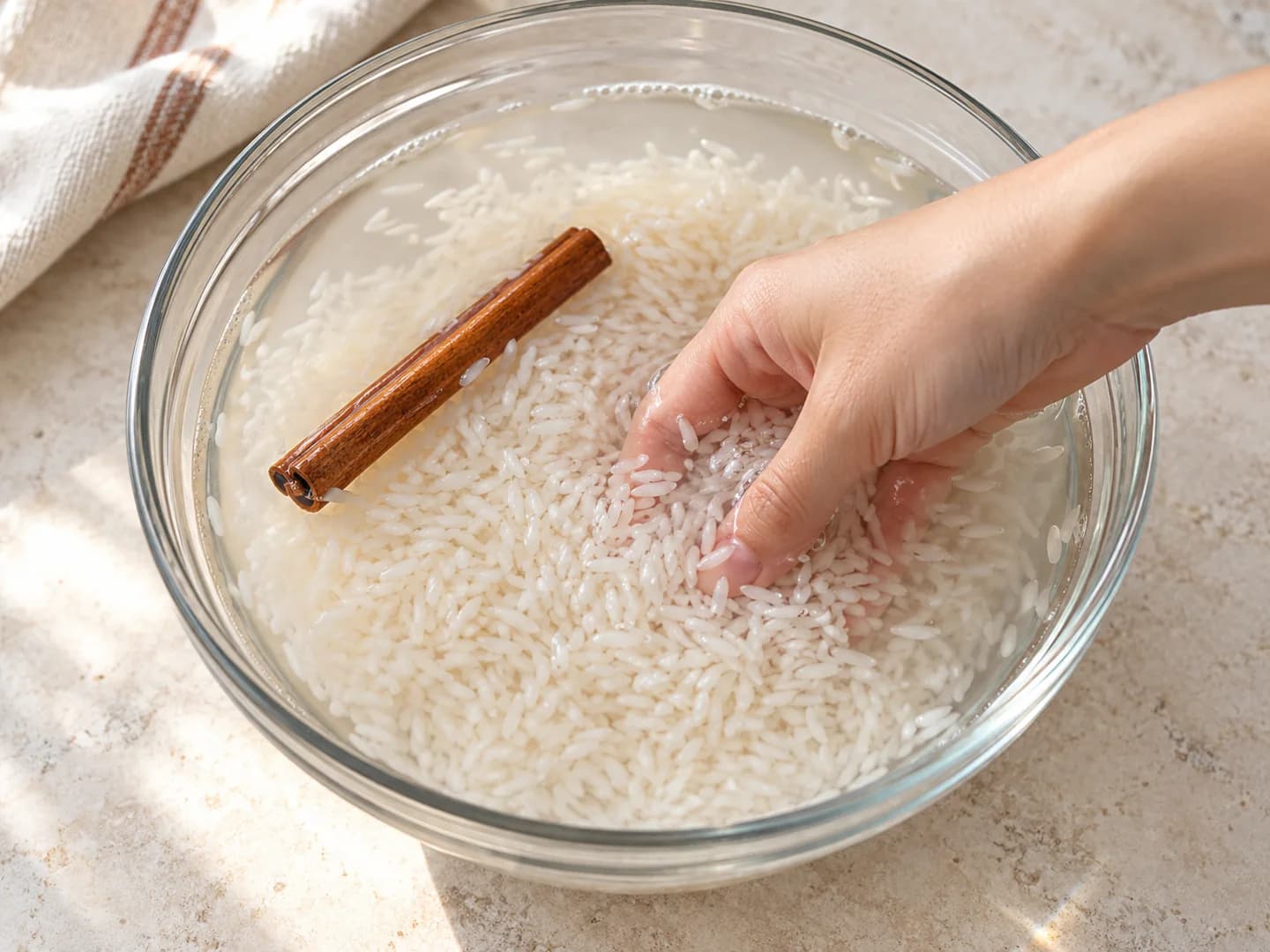 Riz blanc et bâton de cannelle dans l’eau d’un bol en verre.