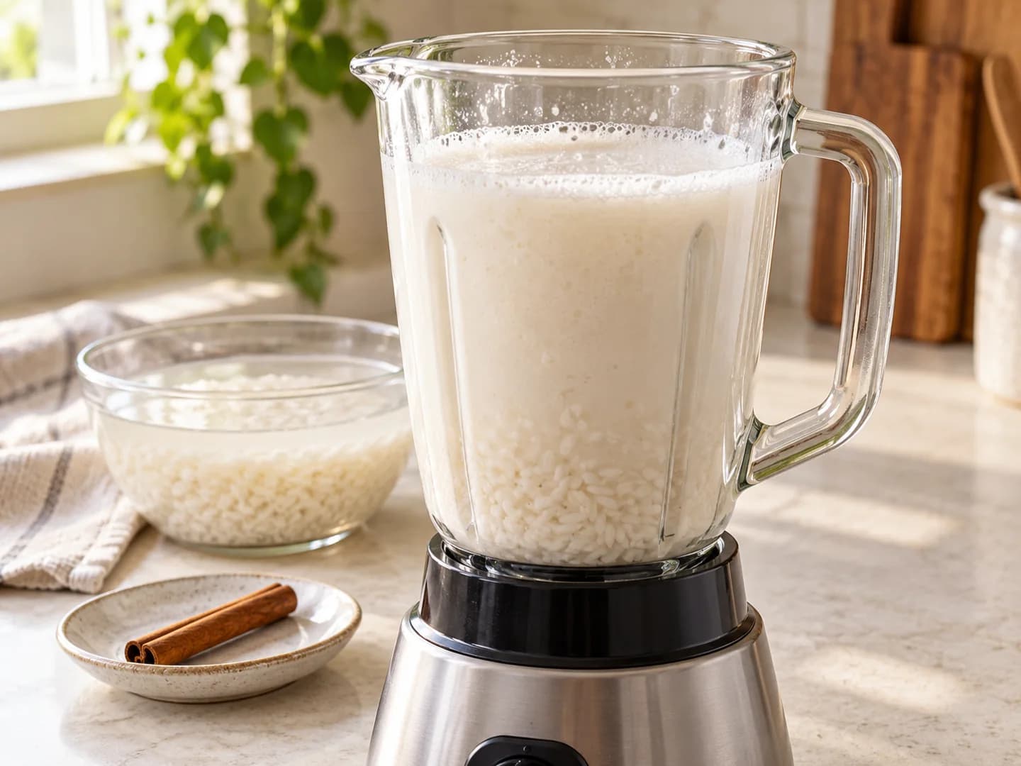 Riz trempé et eau mixés en une boisson blanche opaque.