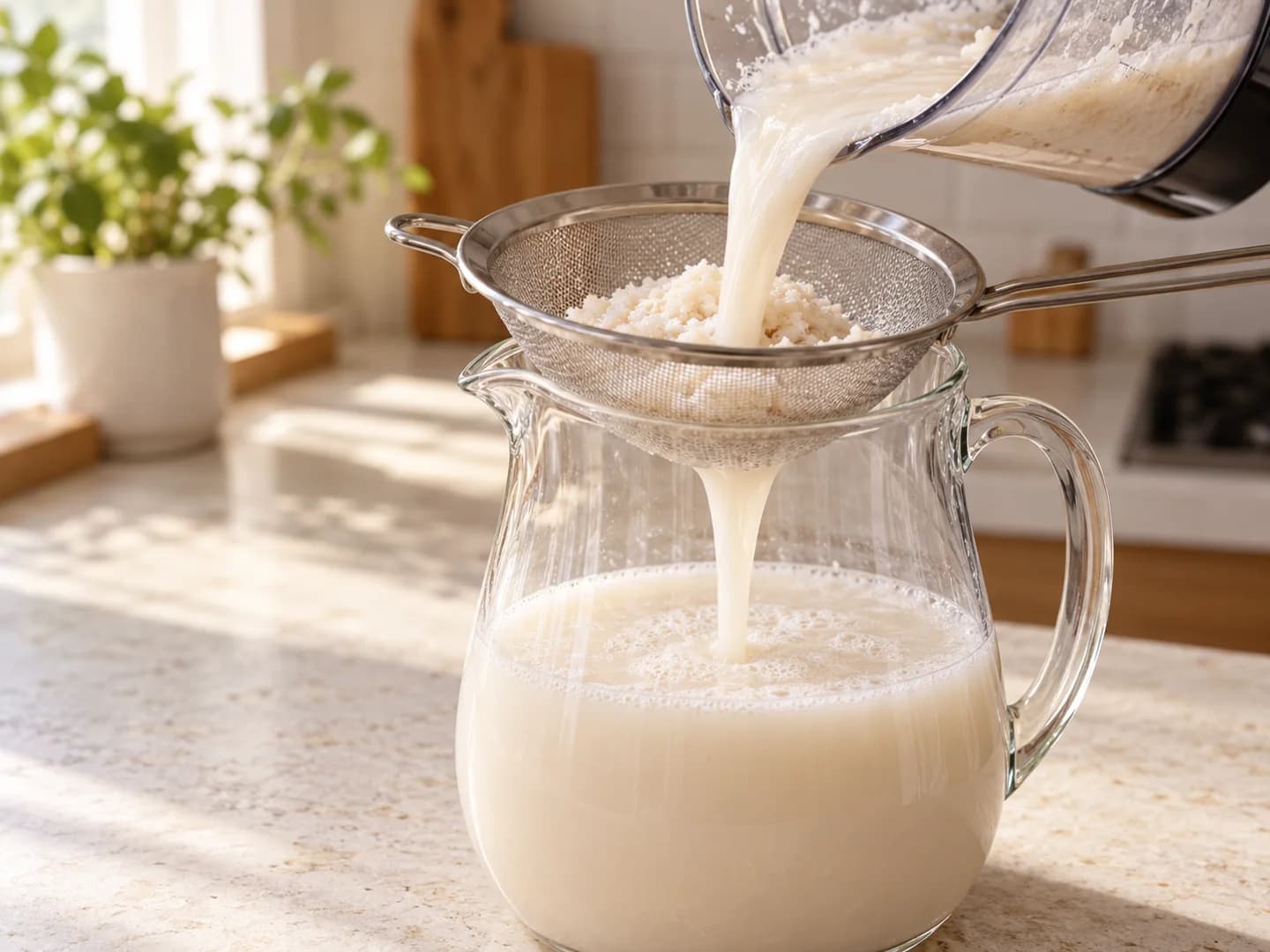Boisson de riz traversant une passoire fine au-dessus d’une carafe.
