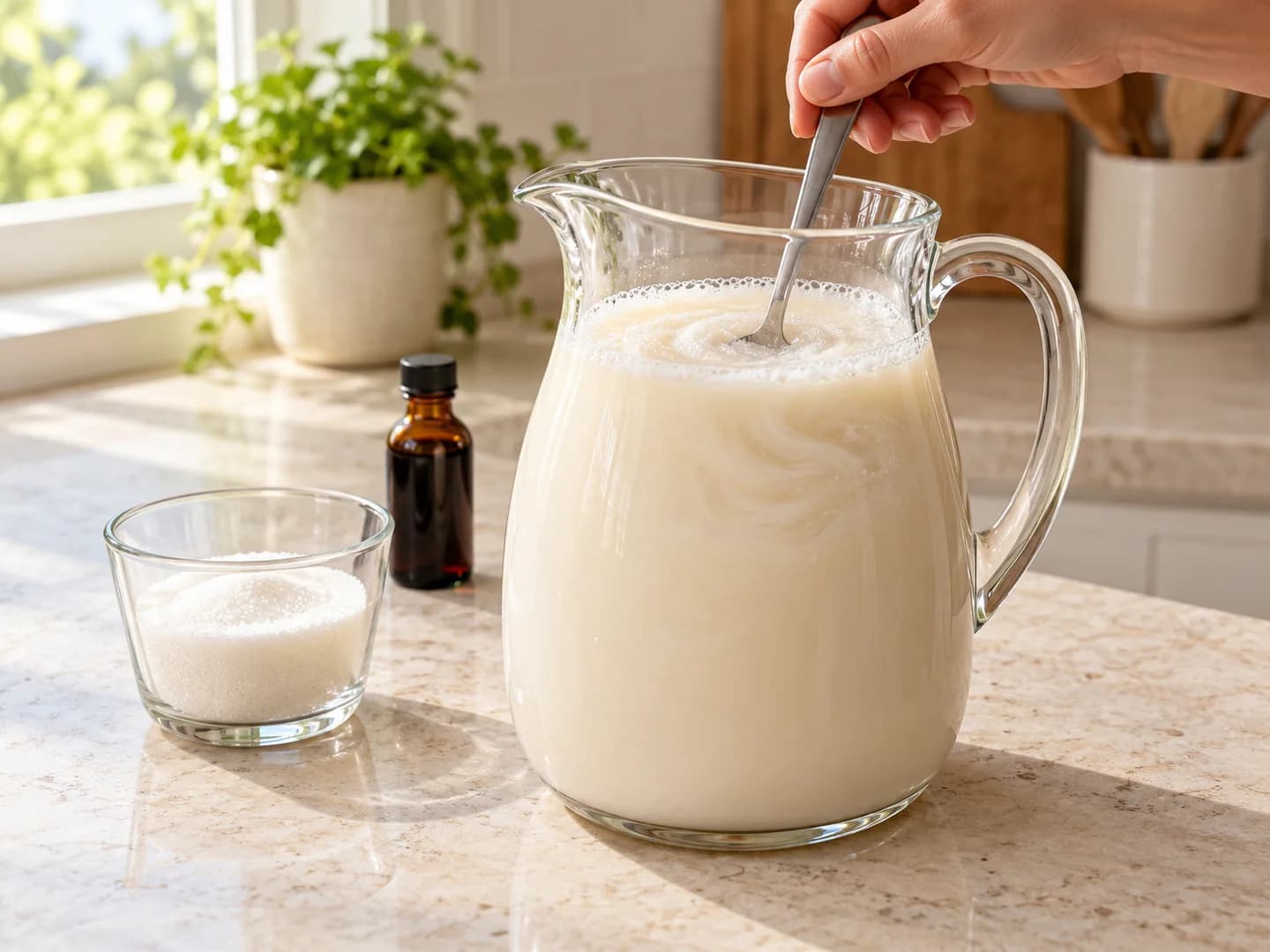 Sucre incorporé à une carafe d’horchata de riz filtrée.