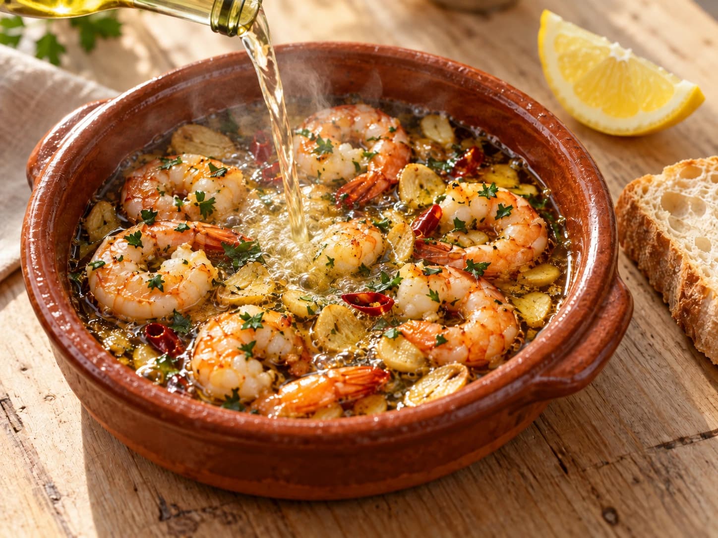Garlic Prawns: Add the wine