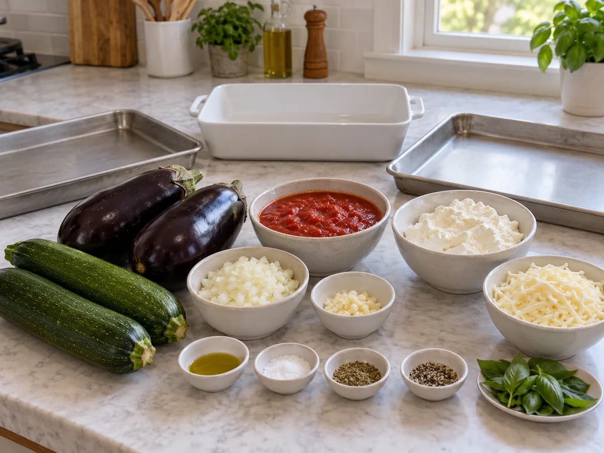 Whole zucchini and eggplants with separate measured ingredients and empty trays