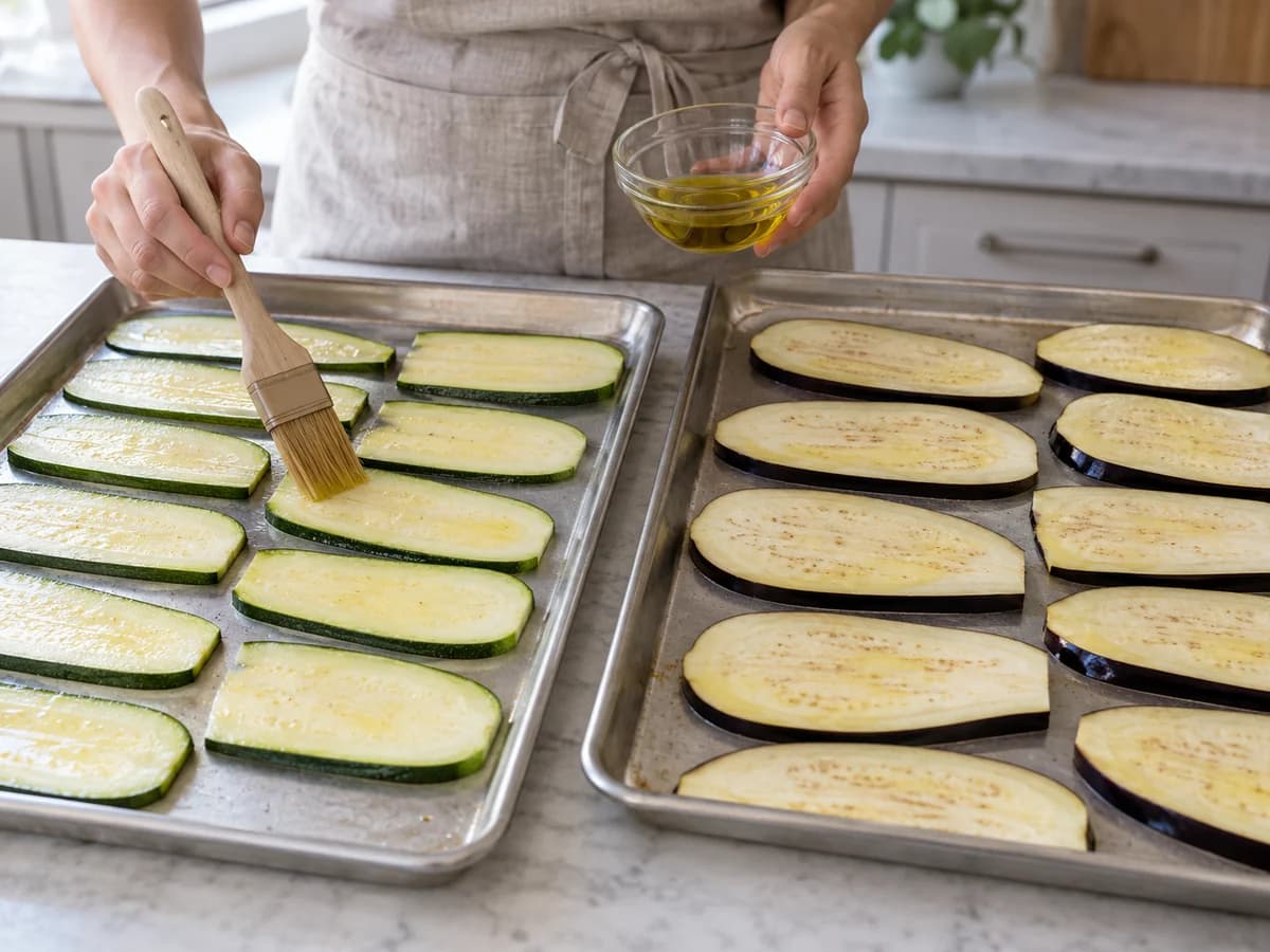 Raw zucchini and eggplant sheets brushed with oil on separate trays