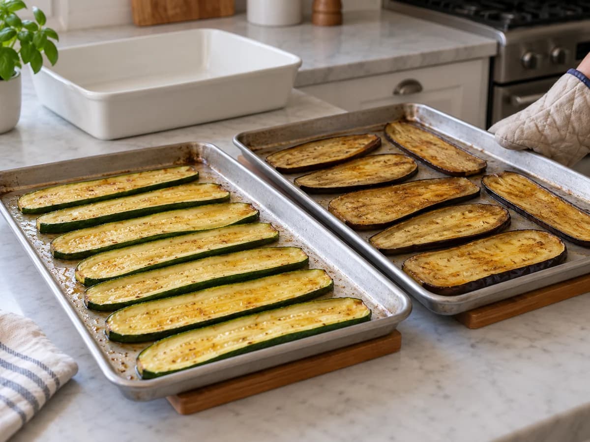 Lightly golden roasted zucchini and eggplant sheets on two trays