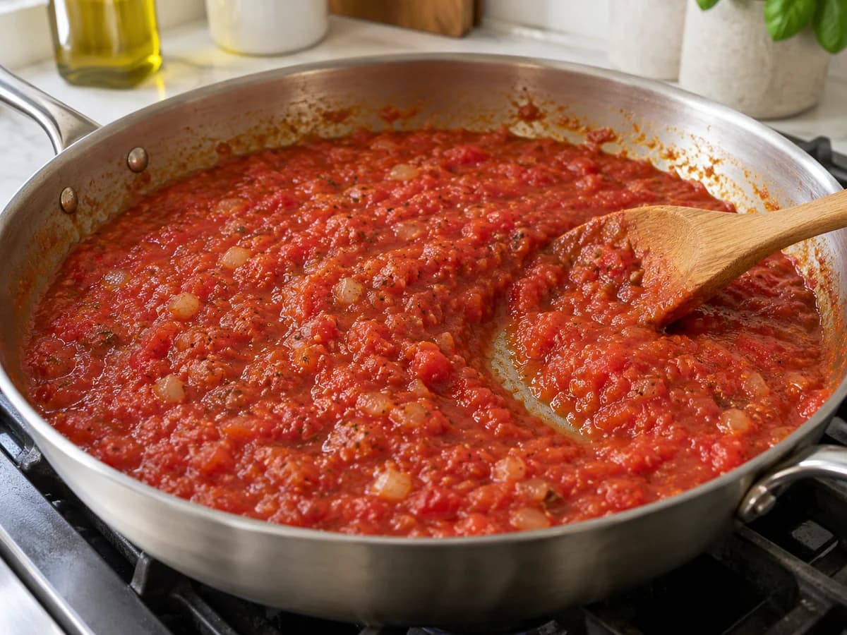 Thick tomato sauce with softened onion and garlic, stirred in a pan