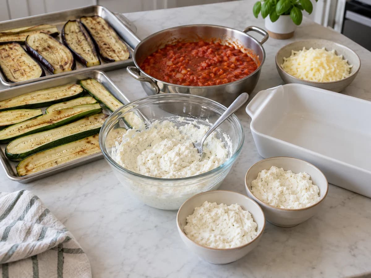 Ricotta being mixed, with two portion bowls and grated mozzarella reserved