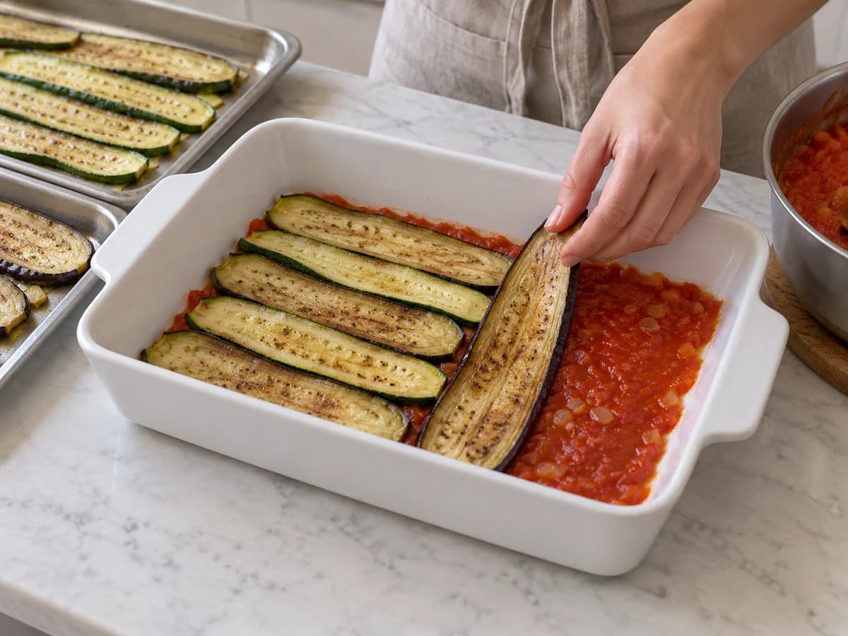 First roasted vegetable layer over a tomato-sauce base