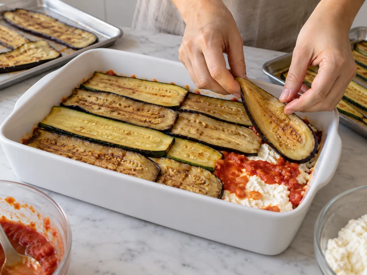 Second vegetable layer placed over ricotta and tomato sauce