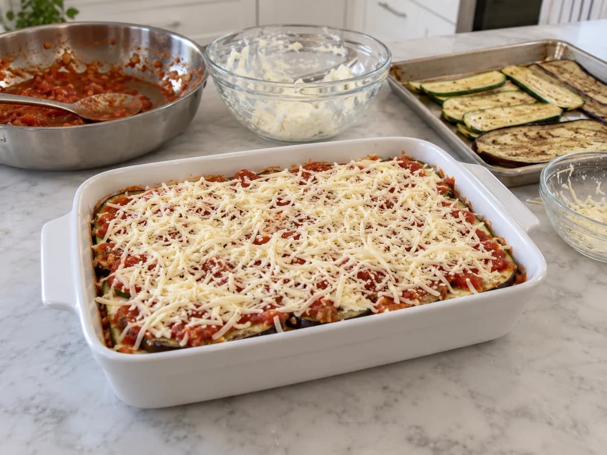 Unbaked lasagna covered with pale grated mozzarella