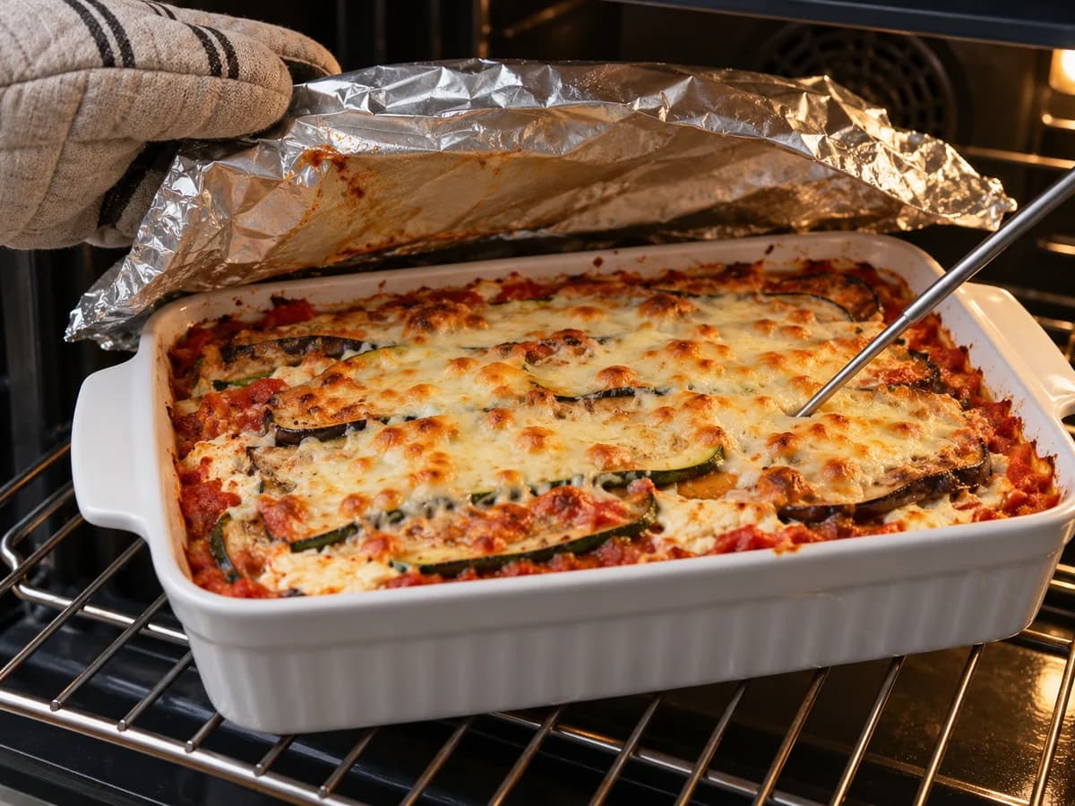 Lasagna in the oven with golden cheese, foil lifted and a clean probe