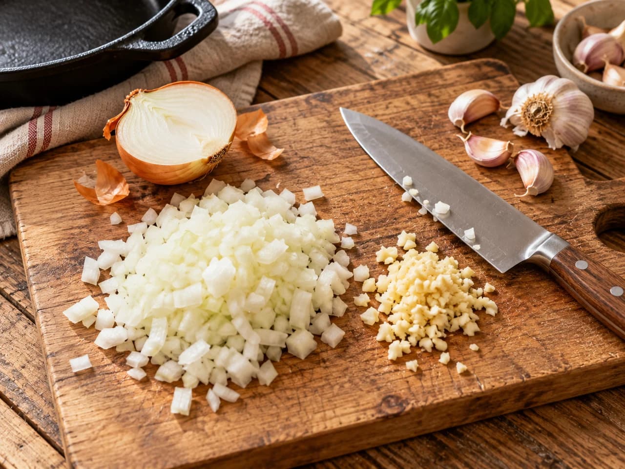 Tabla de madera con cebolla picada y ajo picado en montoncitos, junto a un cuchillo de chef, media cebolla y una cabeza de ajo.