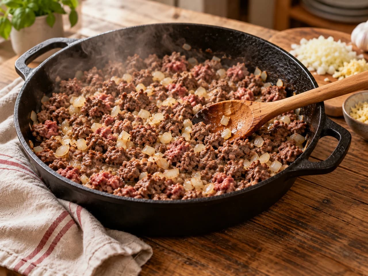 Sartén honda de hierro fundido con carne molida dorándose junto a la cebolla, desmenuzada con una cuchara de madera.