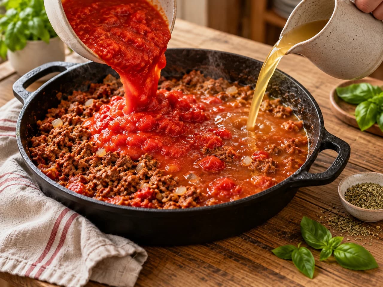 Tomate triturado cayendo de un cuenco a la sartén con la carne mientras se vierte caldo desde una jarrita, con orégano seco y albahaca al lado.