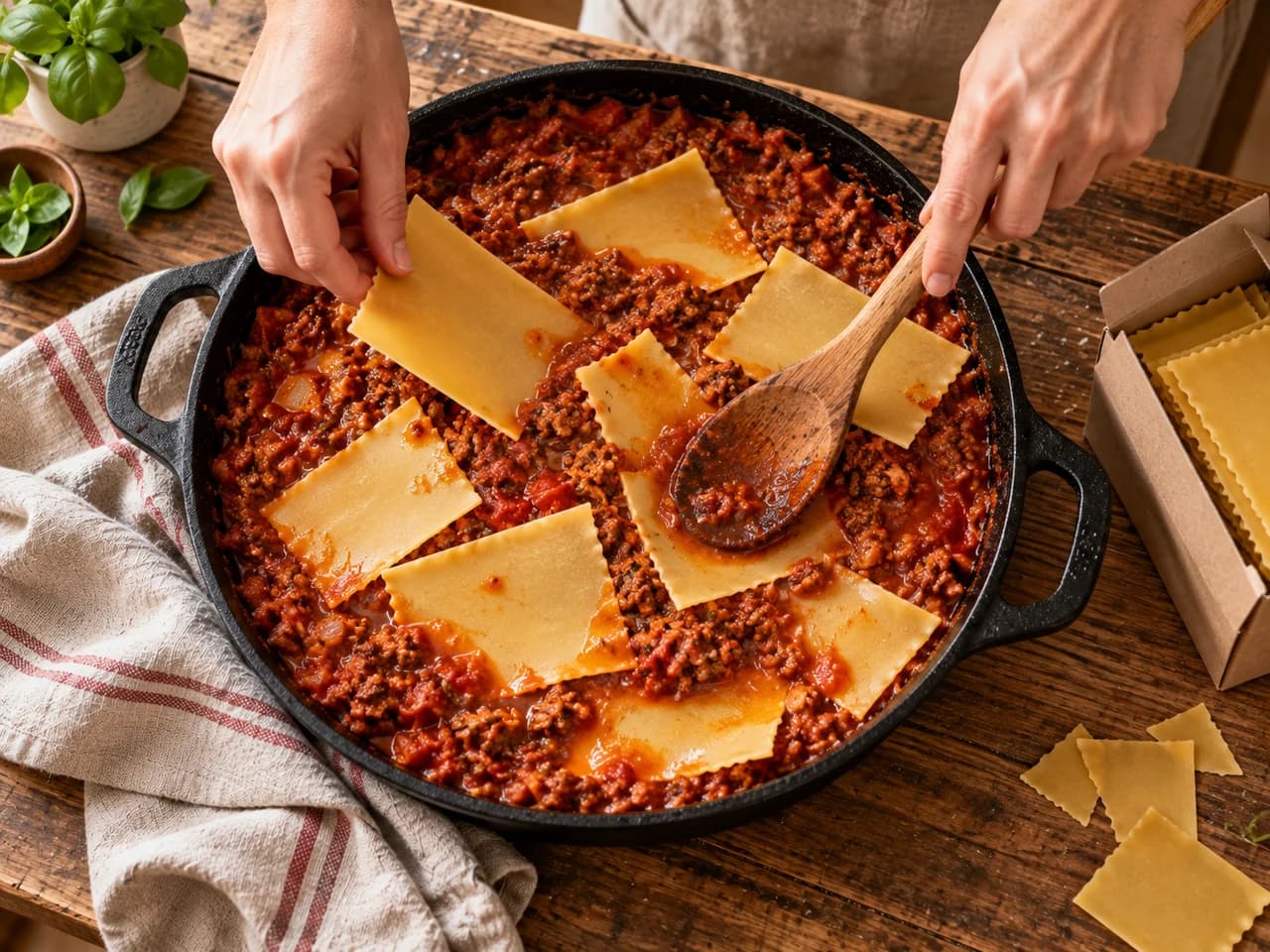 Manos colocando trozos de láminas de lasaña secas sobre la salsa boloñesa de la sartén, con una cuchara de madera y la caja de láminas al lado.