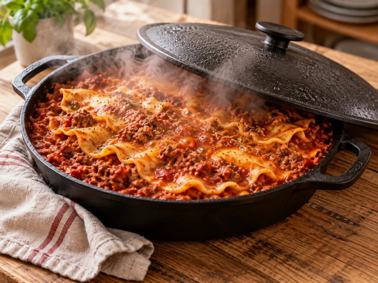 Sartén de hierro con la tapa entreabierta y la pasta ondulada y tierna cociéndose en la salsa de carne, con vapor.