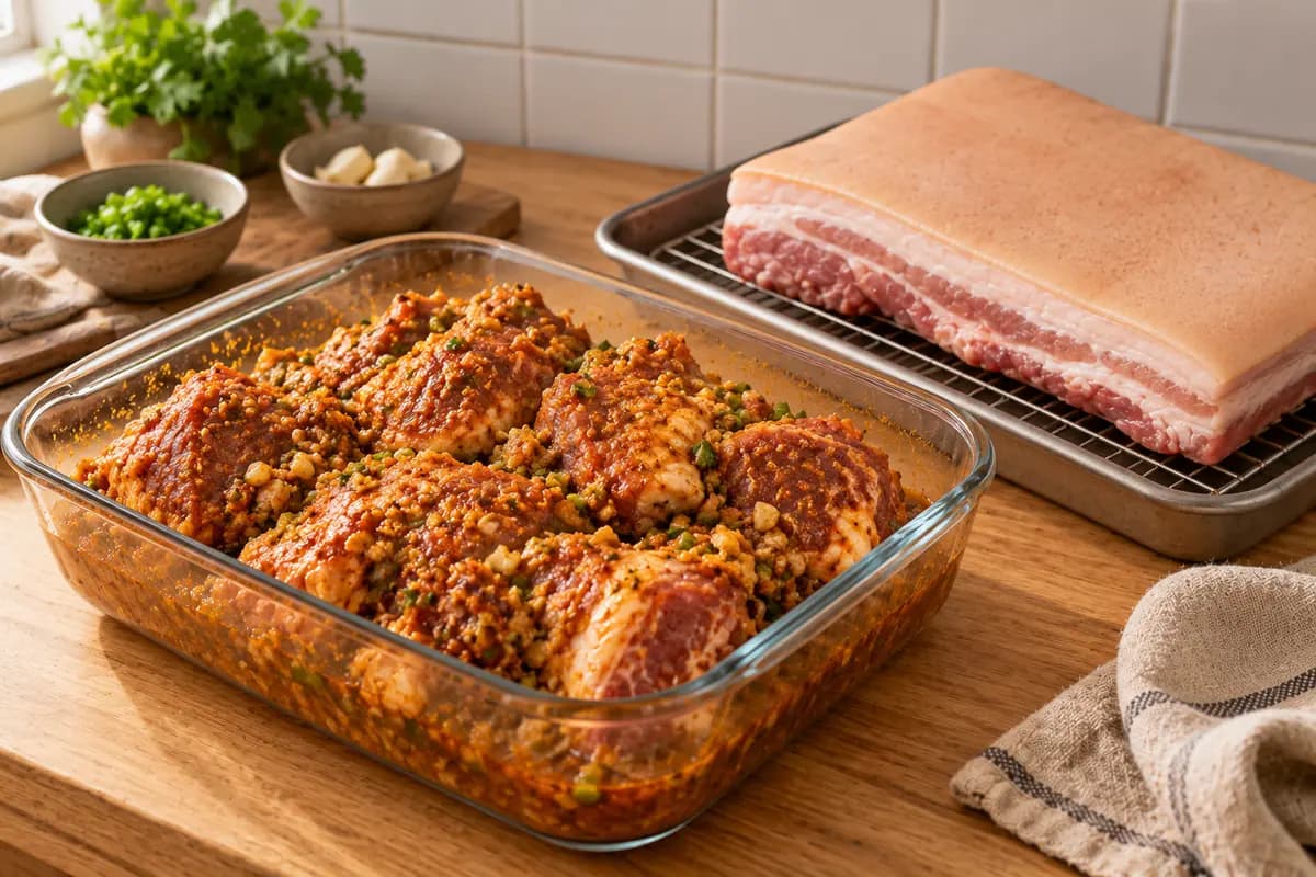 Épaule et poitrine de porc marinées, couenne sèche, prêtes pour le réfrigérateur