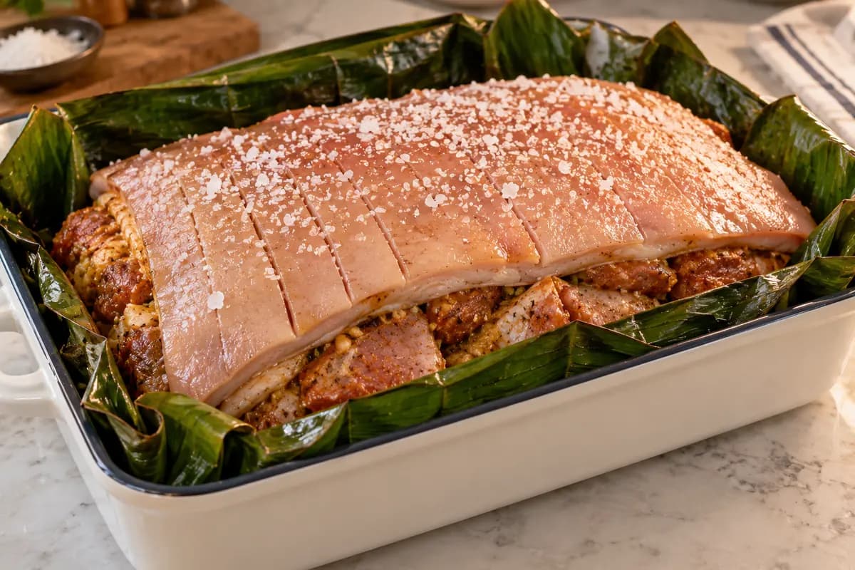 Plat monté avec feuilles de bananier, farce, porc et poitrine avant la cuisson