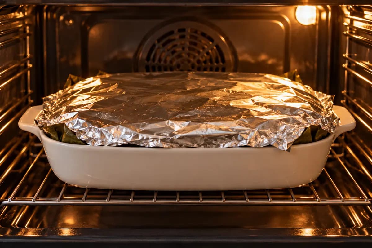 Lechona couverte d'aluminium dans le four