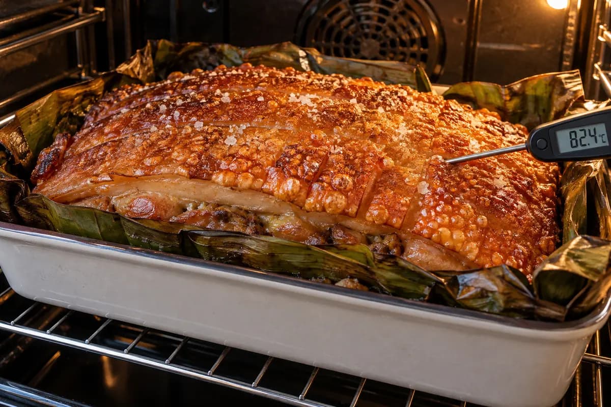 Couenne dorée et croustillante ; thermomètre au centre de la farce
