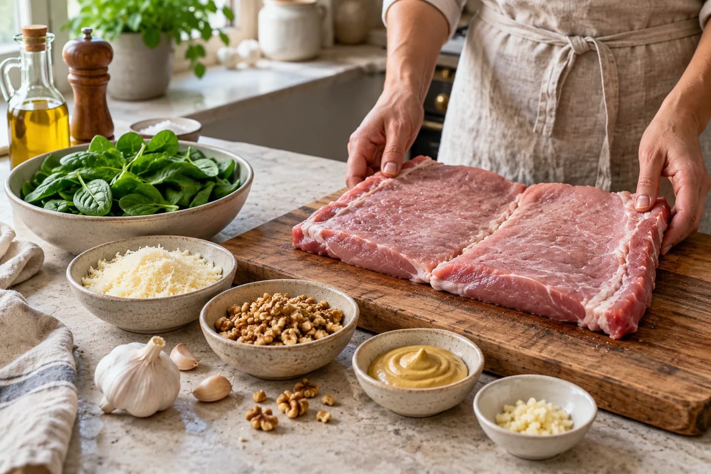 Butterflied pork loin and filling ingredients.