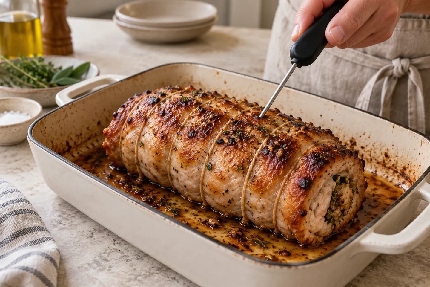 Roasted stuffed pork and thermometer.