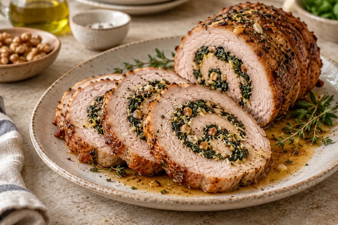 Slices of spinach-stuffed pork loin.