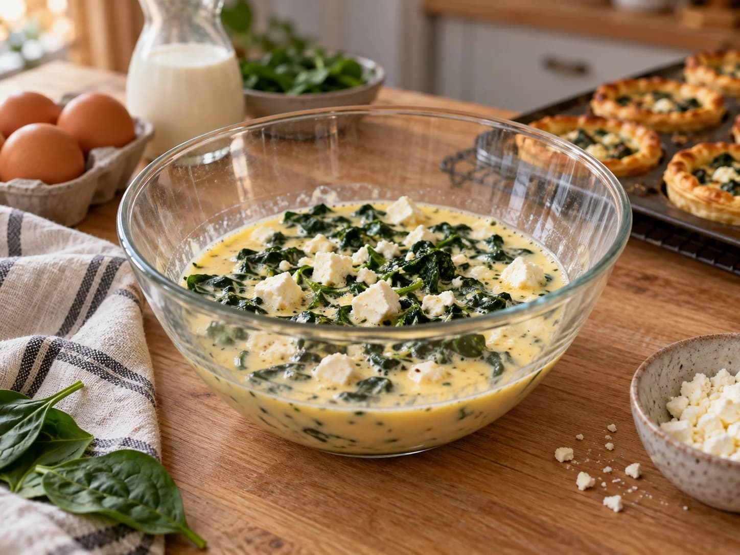 Cuenco de vidrio con huevo y lácteos líquidos, espinaca escurrida y trozos blancos de feta.