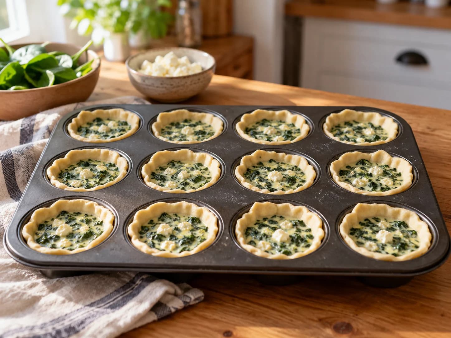 Doce bases de hojaldre crudo con relleno líquido de huevo, feta y espinaca hasta tres cuartos.