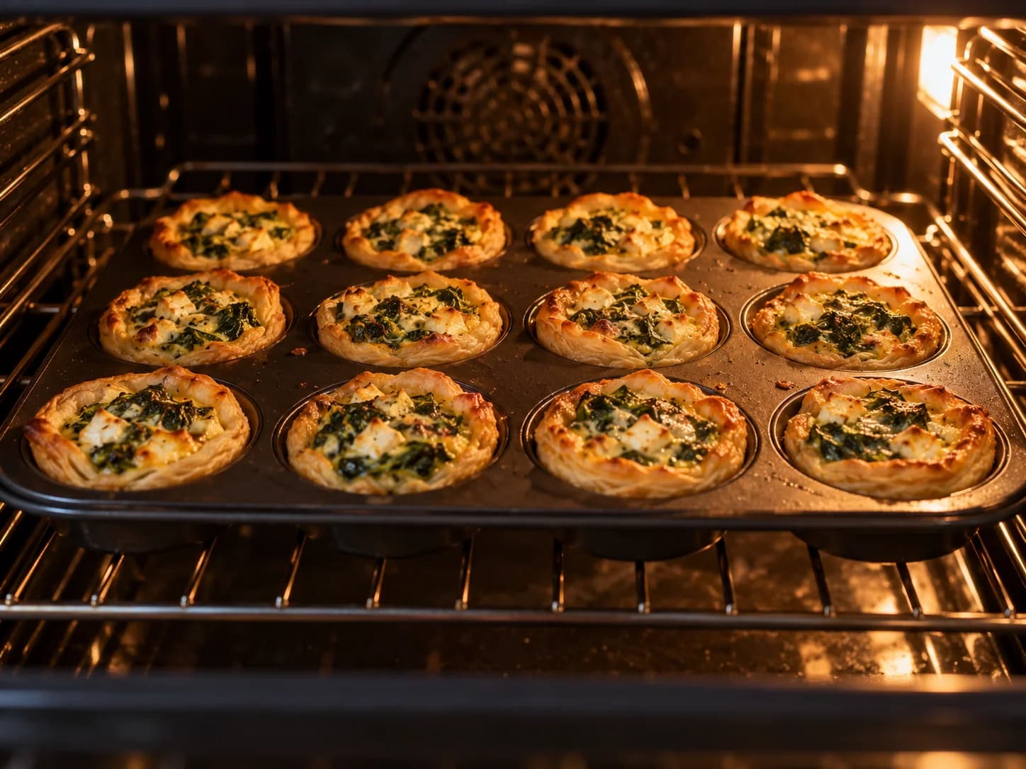 Mini quiches de espinaca y feta dorándose dentro del horno en un molde oscuro de muffins.