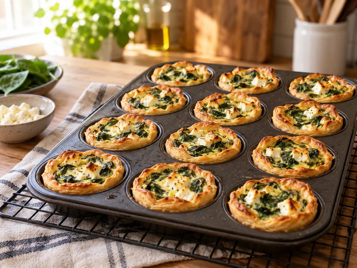 Doce mini quiches horneadas descansando dentro del molde sobre una rejilla metálica.