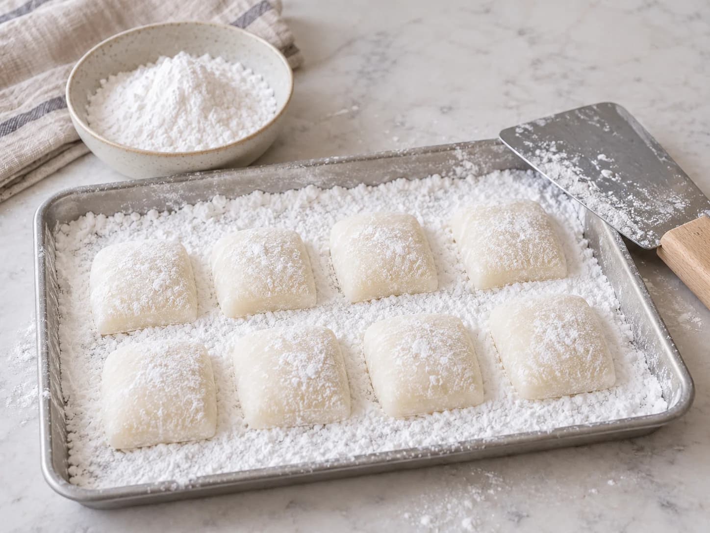 Mochi: dolce giapponese ripieno di pasta di fagioli rossi: Raffredda sull’amido e dividi