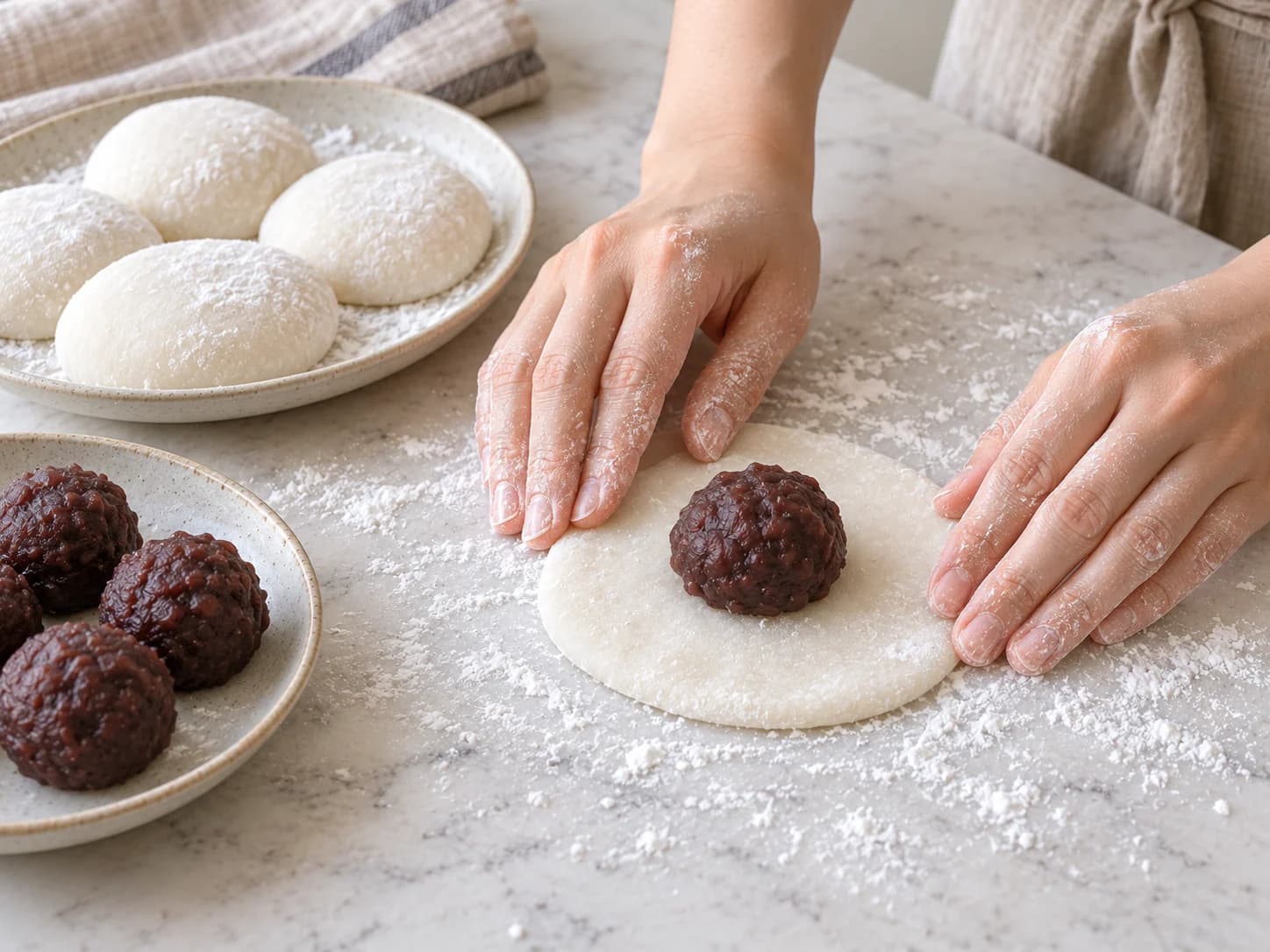 Mochi: dolce giapponese ripieno di pasta di fagioli rossi: Appiattisci e farcisci