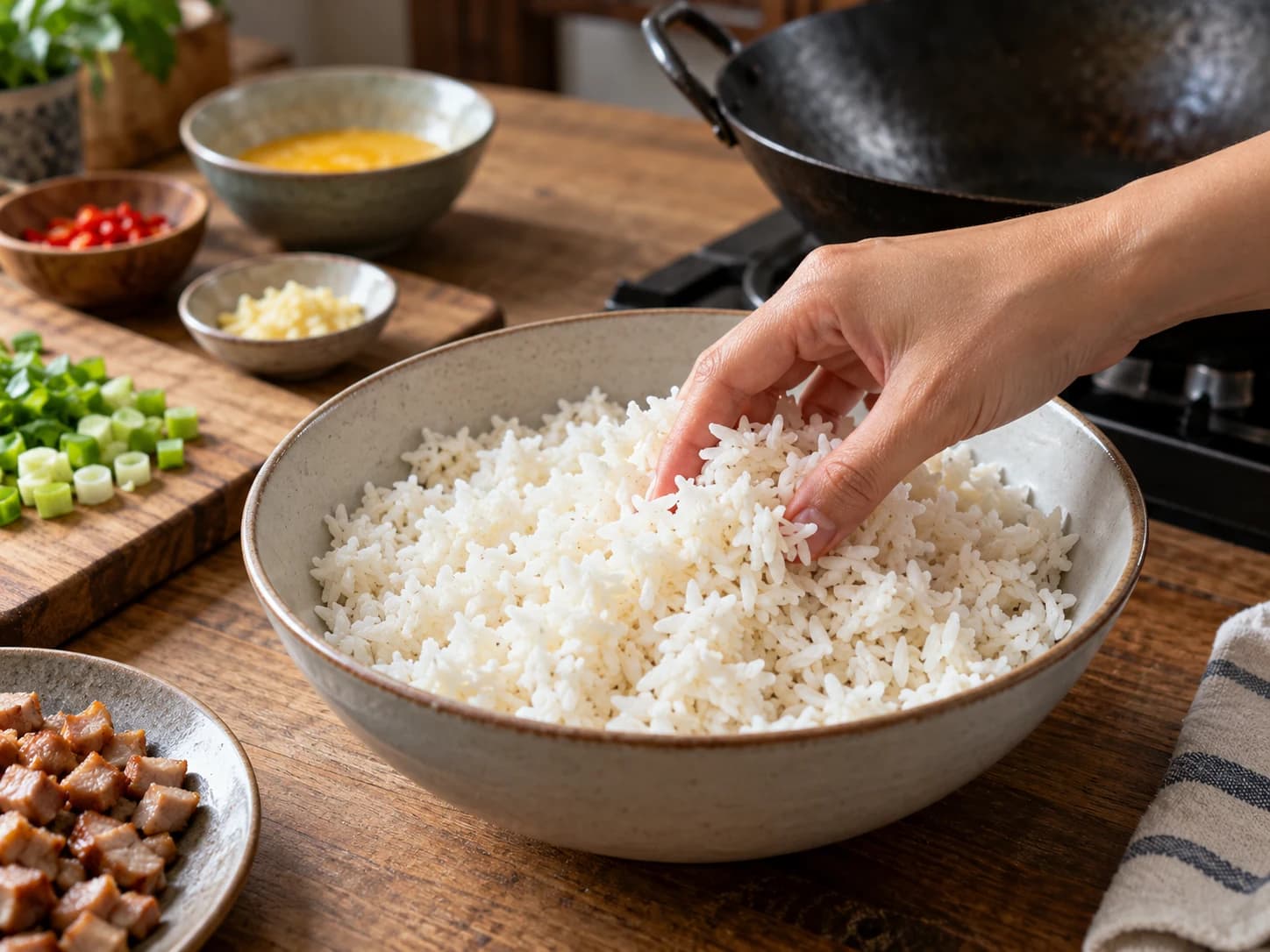 ナシゴレン（インドネシア風チキン炒飯）: ご飯をほぐす