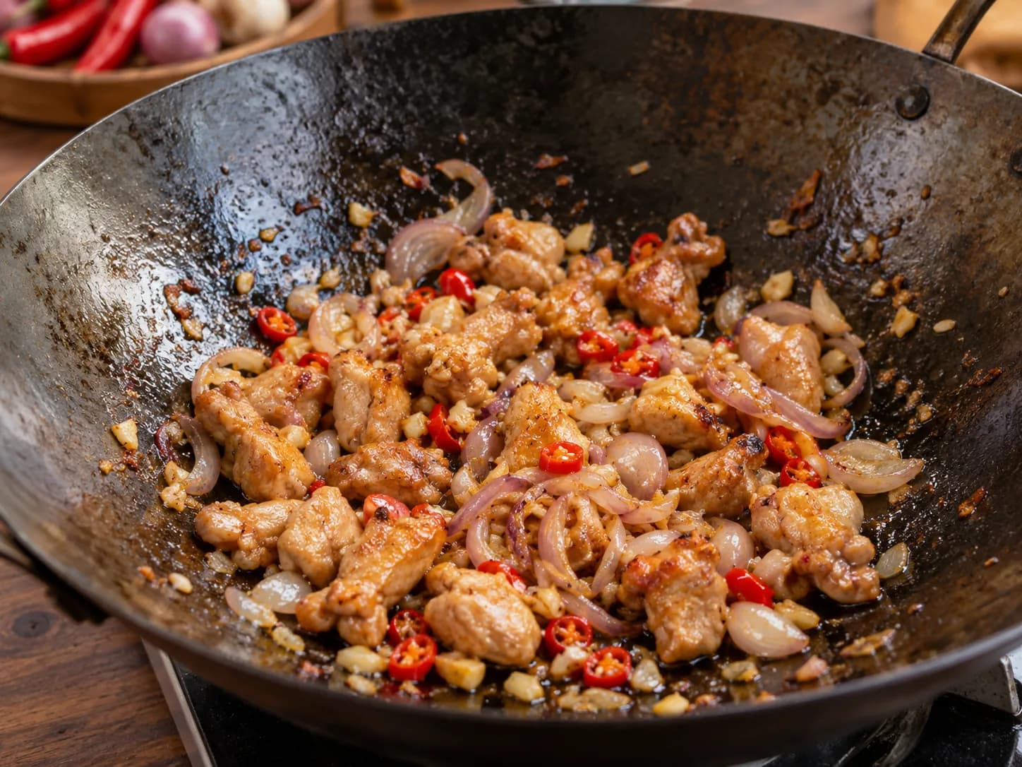 ナシゴレン（インドネシア風チキン炒飯）: 香味野菜を炒める