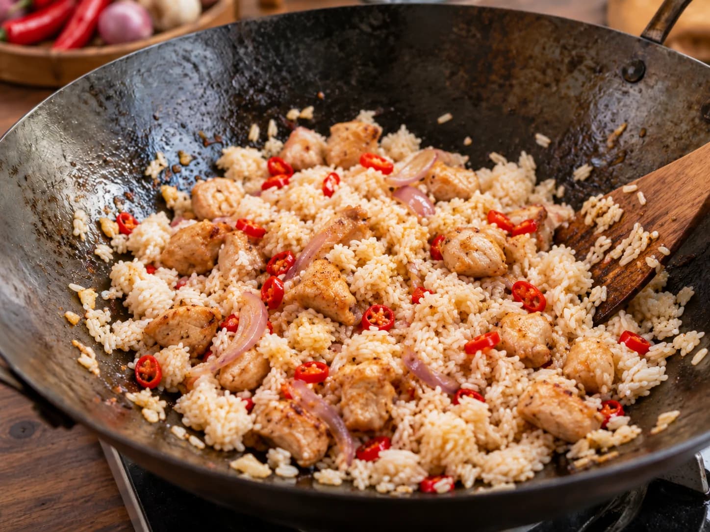 ナシゴレン（インドネシア風チキン炒飯）: ご飯を炒める