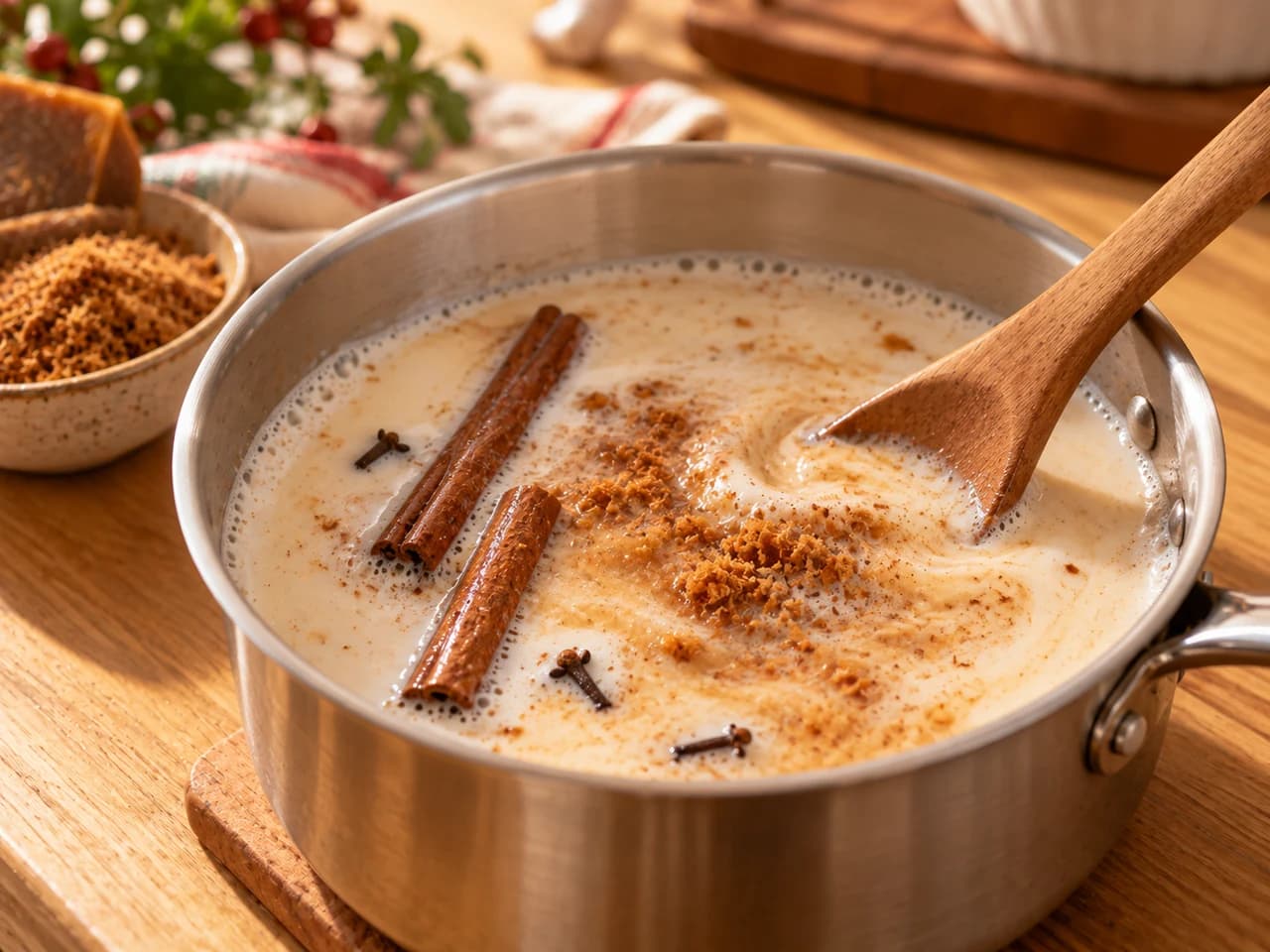 Casserole en inox avec du lait tiède, de la panela râpée, des bâtons de cannelle et des clous de girofle, avec une cuillère en bois.