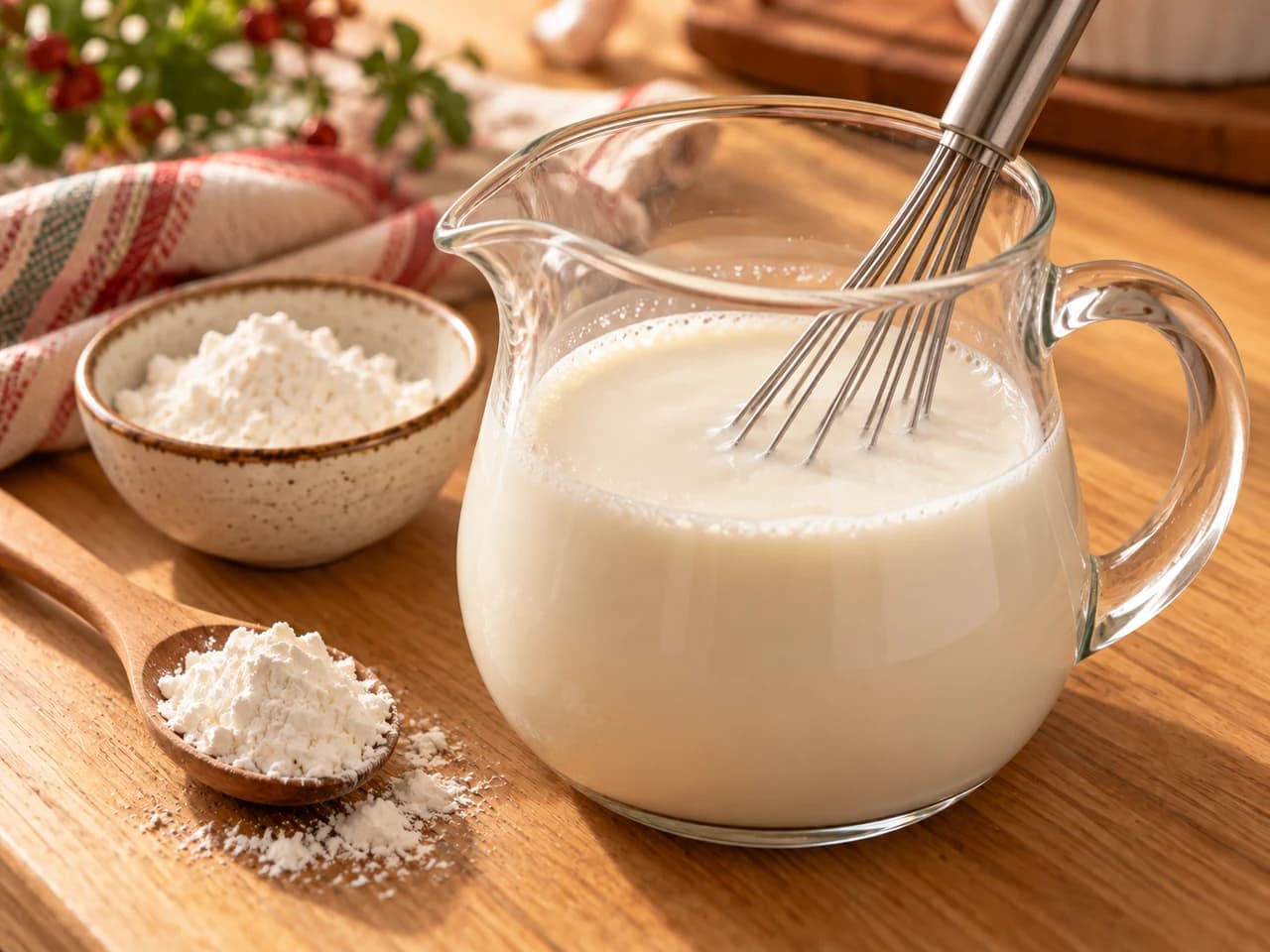 Pichet en verre avec du lait et de la fécule bien délayée, à côté d’un bol de fécule.