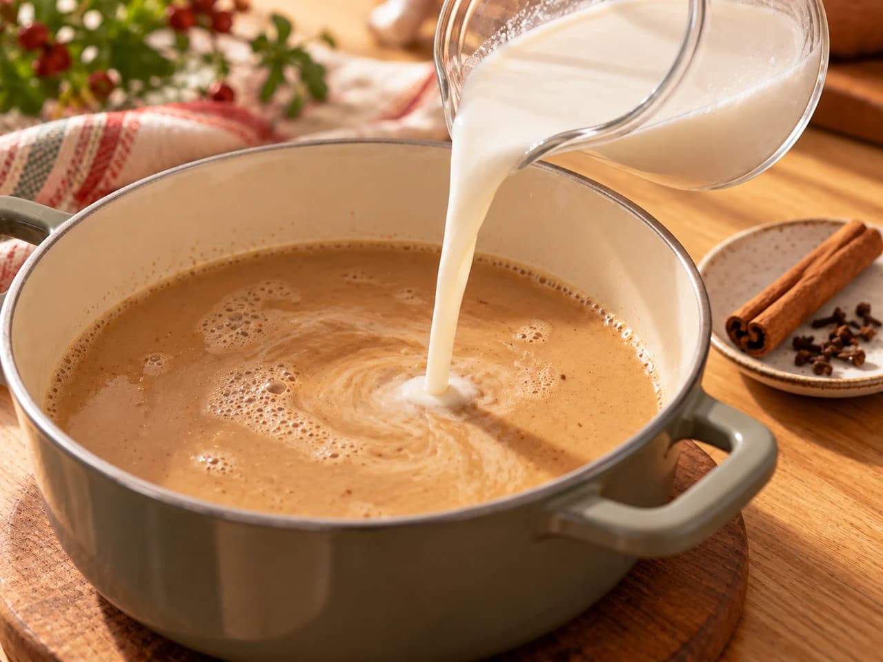 Pichet versant le mélange de fécule dans le lait à la panela dans une casserole, cannelle et girofle mis de côté.