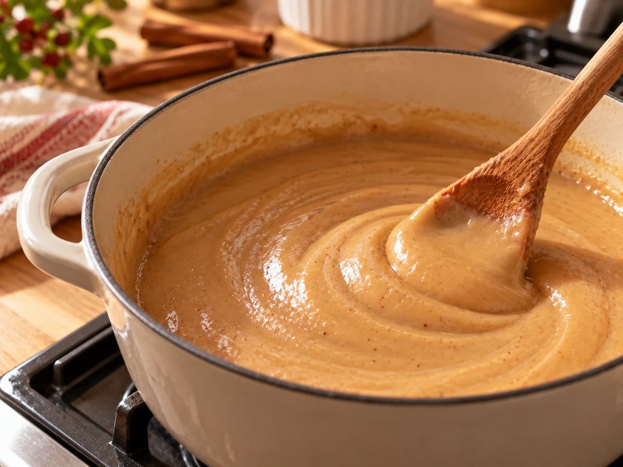 Natilla épaisse et brillante dans une casserole, remuée avec une cuillère en bois.