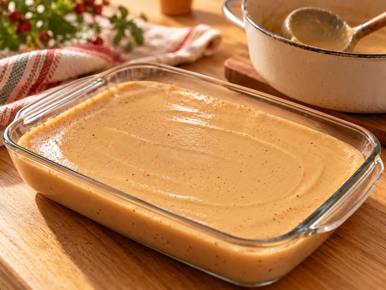 Plat en verre avec de la natilla fraîchement versée et lissée, la casserole vide et une louche à l’arrière.