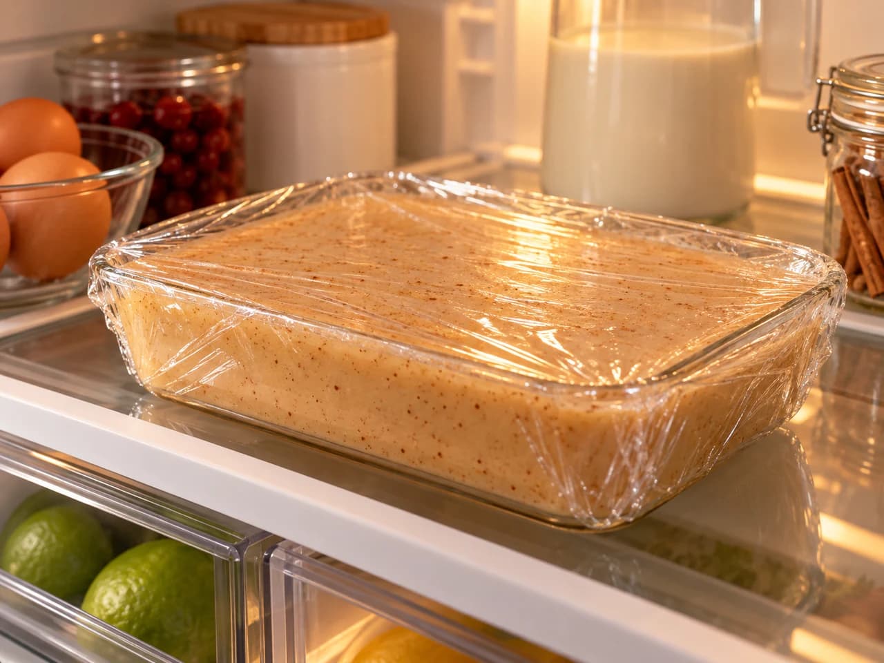 Plat de natilla couvert d’un film transparent dans le réfrigérateur.