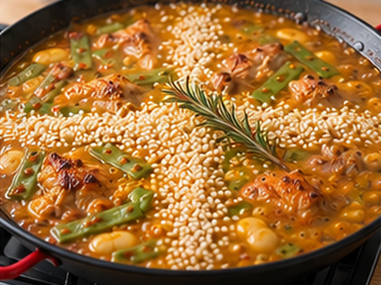 Valencian Paella: Add the rice