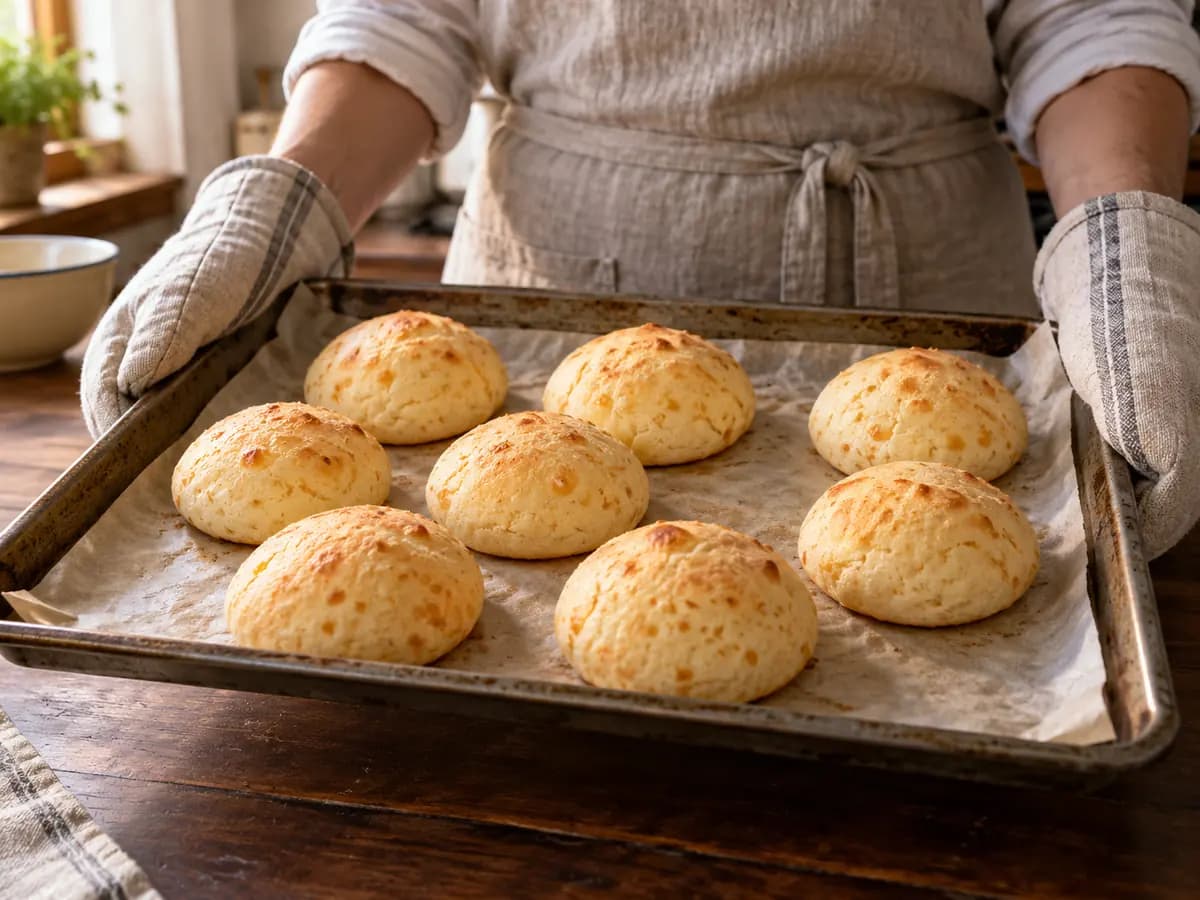 Pandebonos levemente dourados ao sair do forno.