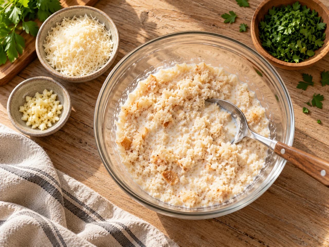 Glasschüssel mit in Milch eingeweichten Semmelbröseln und einem Löffel, daneben Schälchen mit Parmesan, gehacktem Knoblauch und Petersilie.