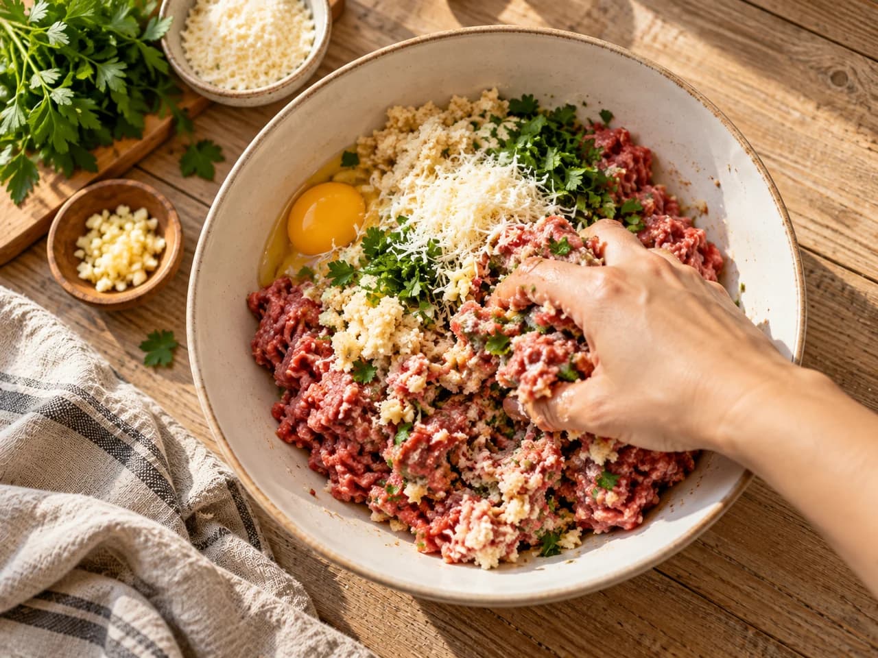 Eine Hand mischt Rinderhack mit eingeweichten Bröseln, Ei, Parmesan, Knoblauch und Petersilie in einer großen Schüssel.
