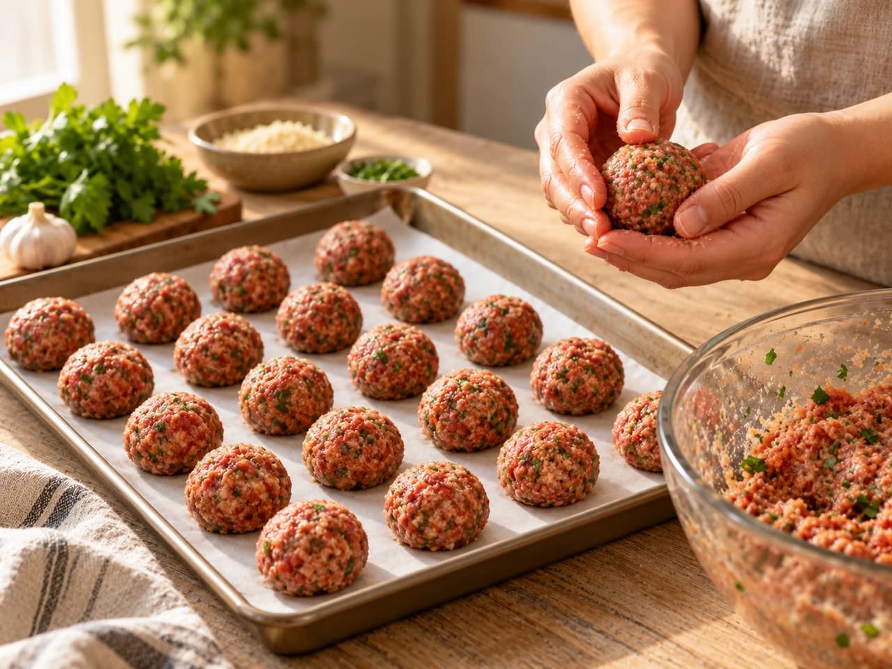 Hände formen ein Hackbällchen, daneben ein Blech mit Backpapier voller roher Bällchen in Reihen.