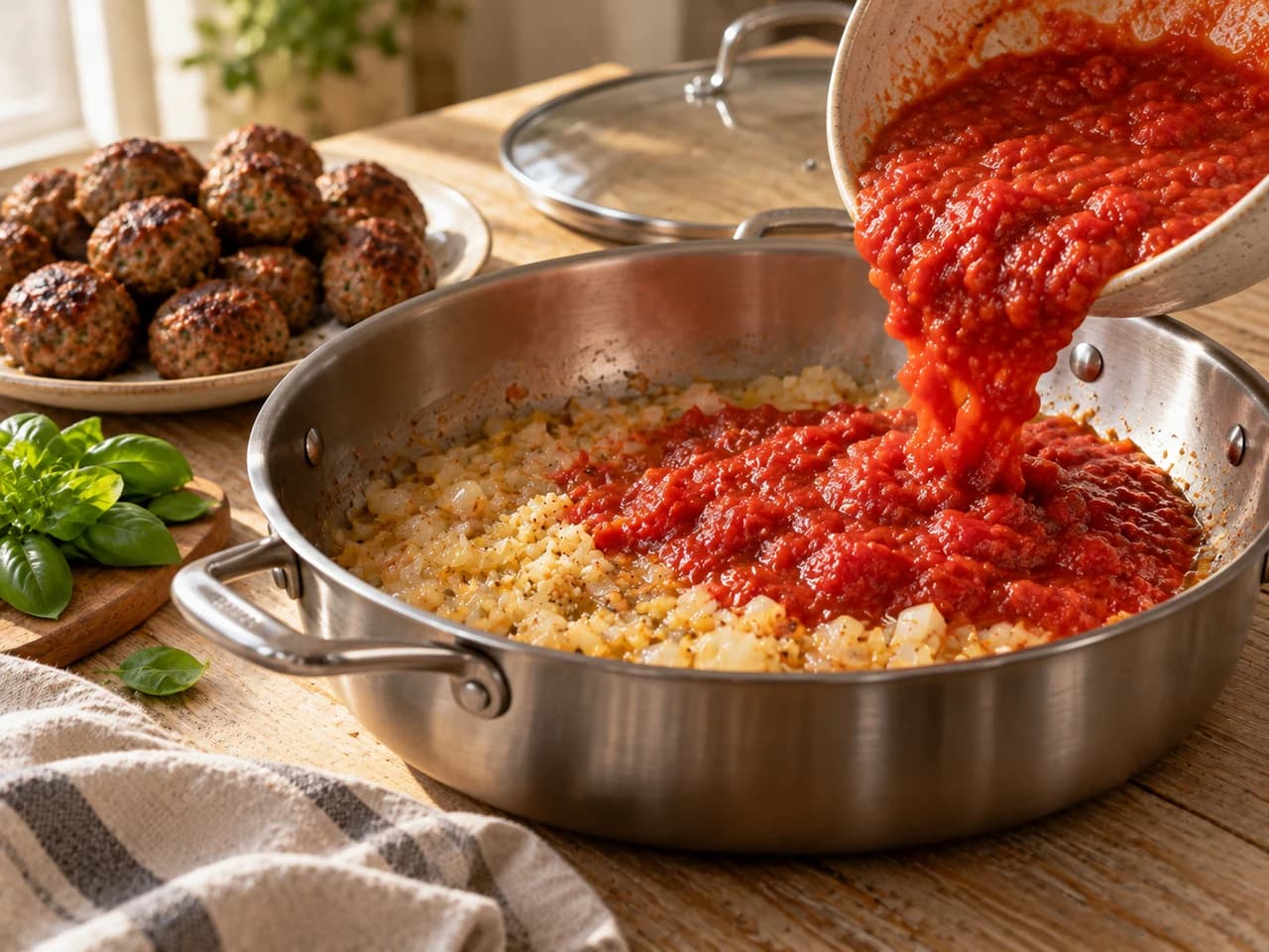 Stückige Tomaten fließen aus einer Schüssel in die Pfanne mit gedünsteter Zwiebel und Knoblauch, daneben die angebratenen Bällchen auf einem Teller und Basilikum.